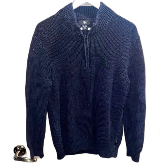 Calvin Klein Ribbed Quarter Zip Cotton Navy Everyday Mock Neck Sweater Men XL - Picture 1 of 7